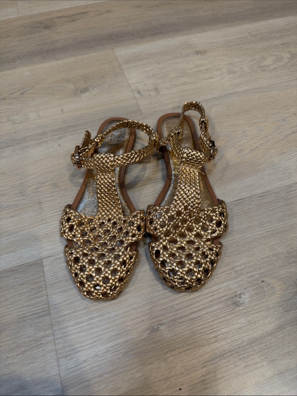 Zara Woven Metallic Gold Women's Sandals with Ankle Strap